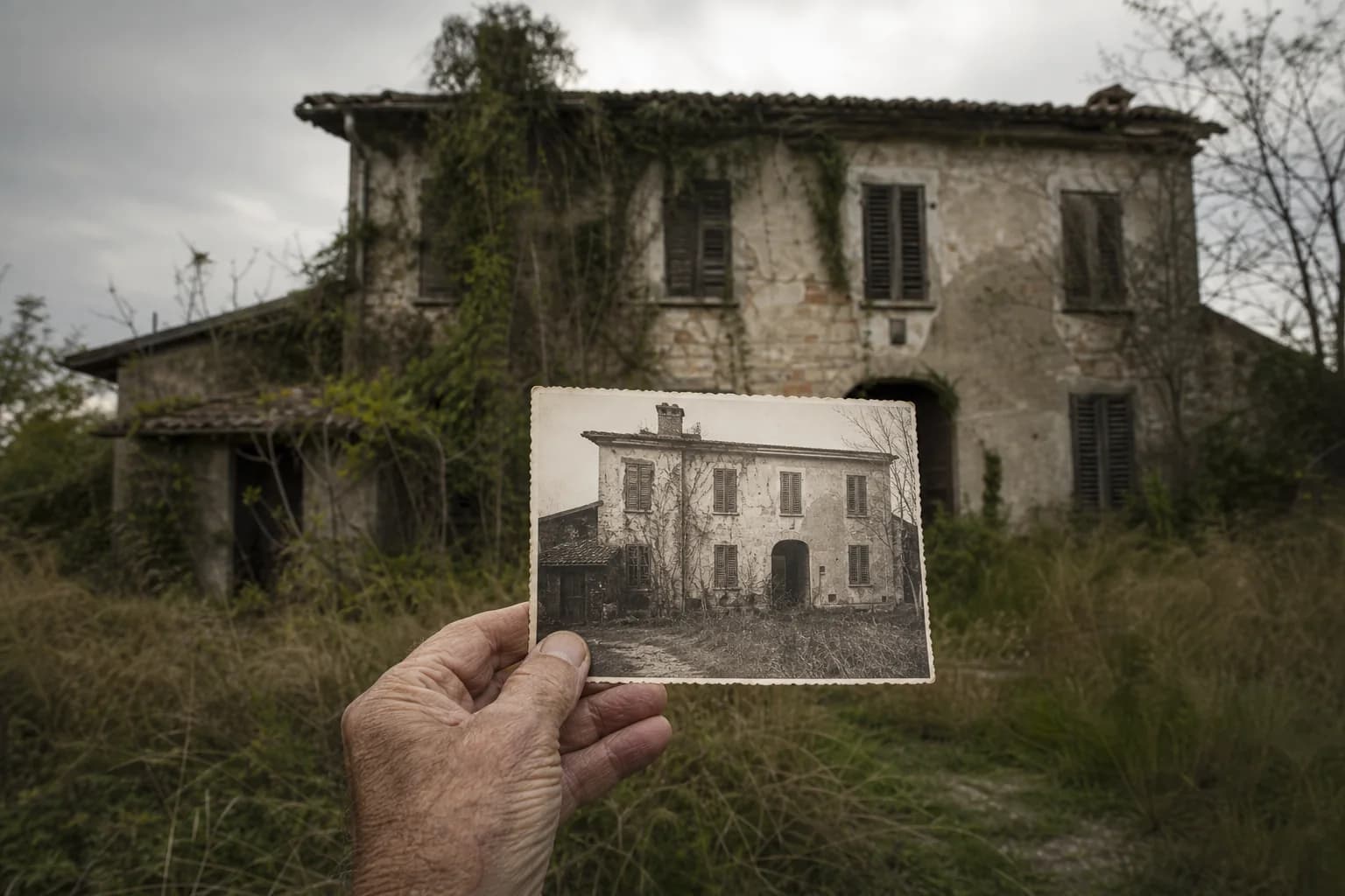 Una mano anziana tiene la vecchia fotografia di una casa davanti allo stesso edificio, oggi abbandonato e avvolto dalla vegetazione